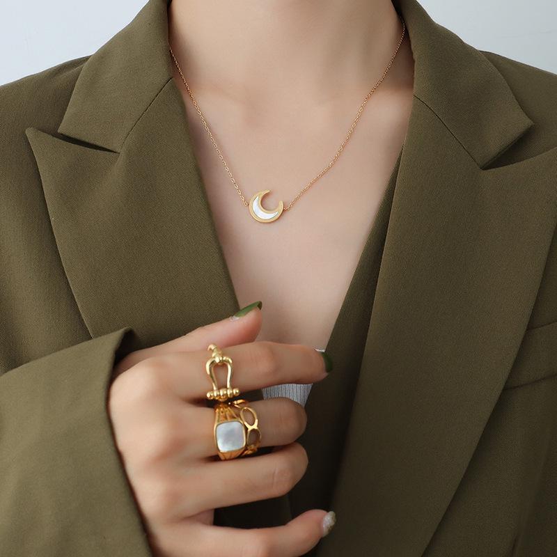 Korean-Inspired Moon White Mother-of-Pearl Jewelry Set: 18K Gold-Plated Titanium Pendant Necklace & Earrings