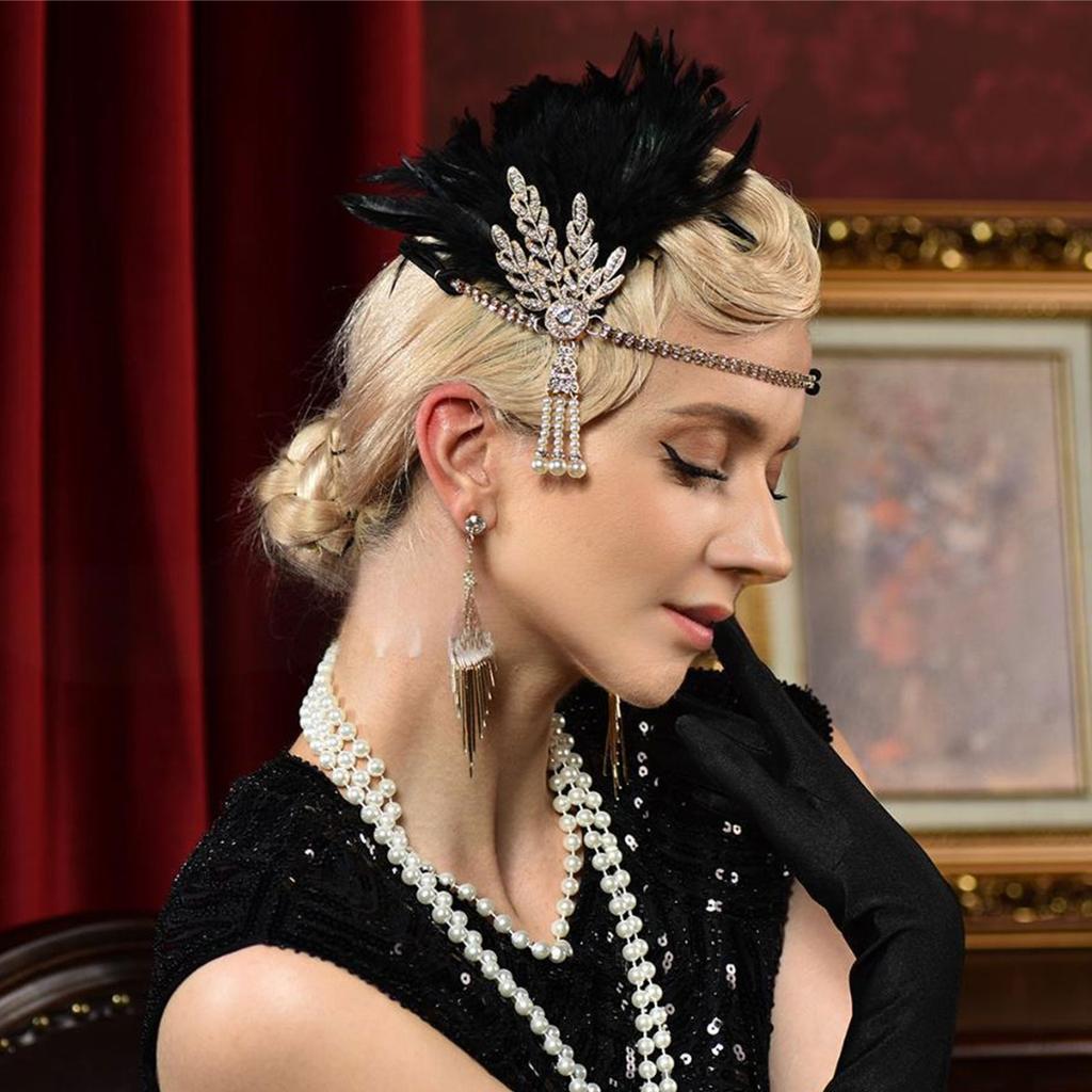 1920s Elegant Rhinestone Leaf Feathered Hairband For Wedding Party and Formal Event Comfortable Elastic Band Headwear