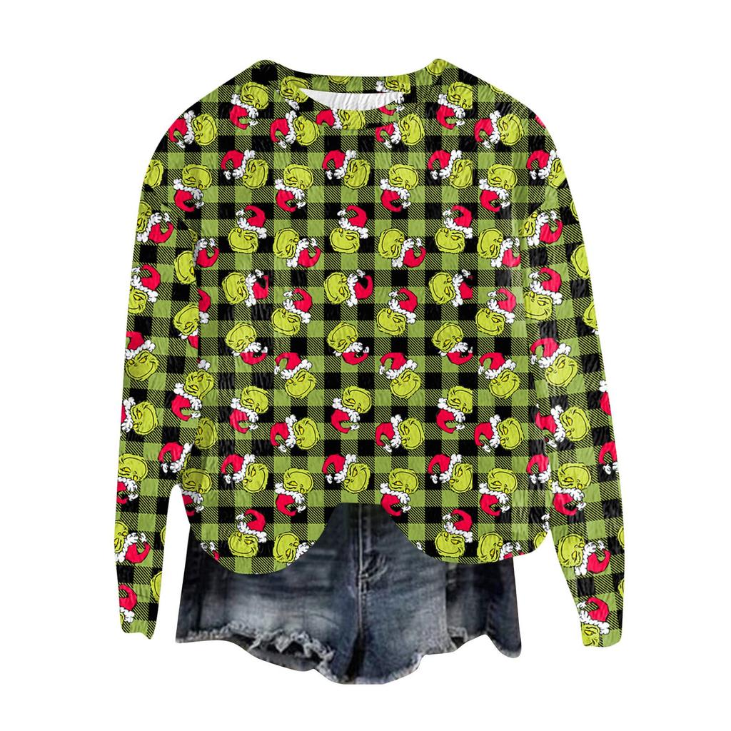 Women's Fashion Round Neck Pullover Top Long Sleeve Tee Christmas Printed Sweatshirt