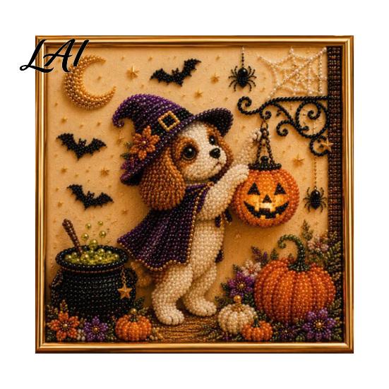 Puppy Themed Faux Pearl Painting Halloween Kit Art DIY Witch Seasonal Home Decor Projects Hat Bead Craft Kit for Adults And Teens Handmade