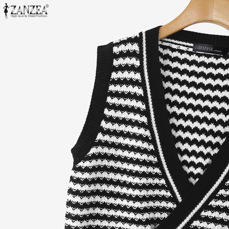 ZANZEA Women V Neck Sleeveless Stitching Striped Cropped Knitted Sweater Vest Waistcoat