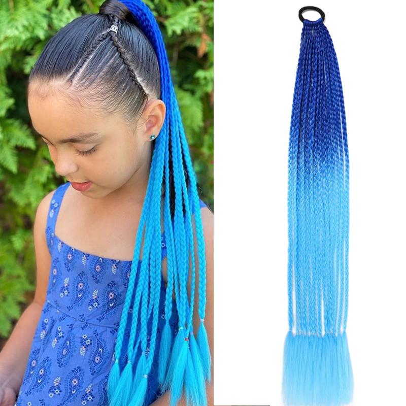 Braided Ponytail Hair Extensions 24 Inch Colorful Box Braids with Rubber Bands Synthetic Hairpieces for Girl  Women Accessories Crazy Hair Day