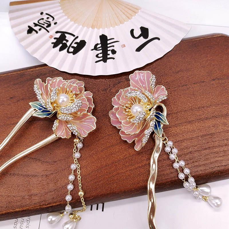 Elegant Peony Pearl Tassel Hairpin - Premium Hanfu Accessories for Women