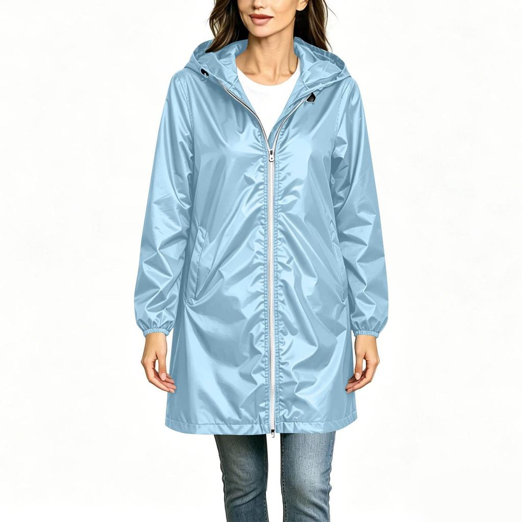 Women's Lightweight Long Hooded Windbreaker Jacket Water Resistant Casual Outdoor Coat with Full Zip Closure and Elastic Cuffs