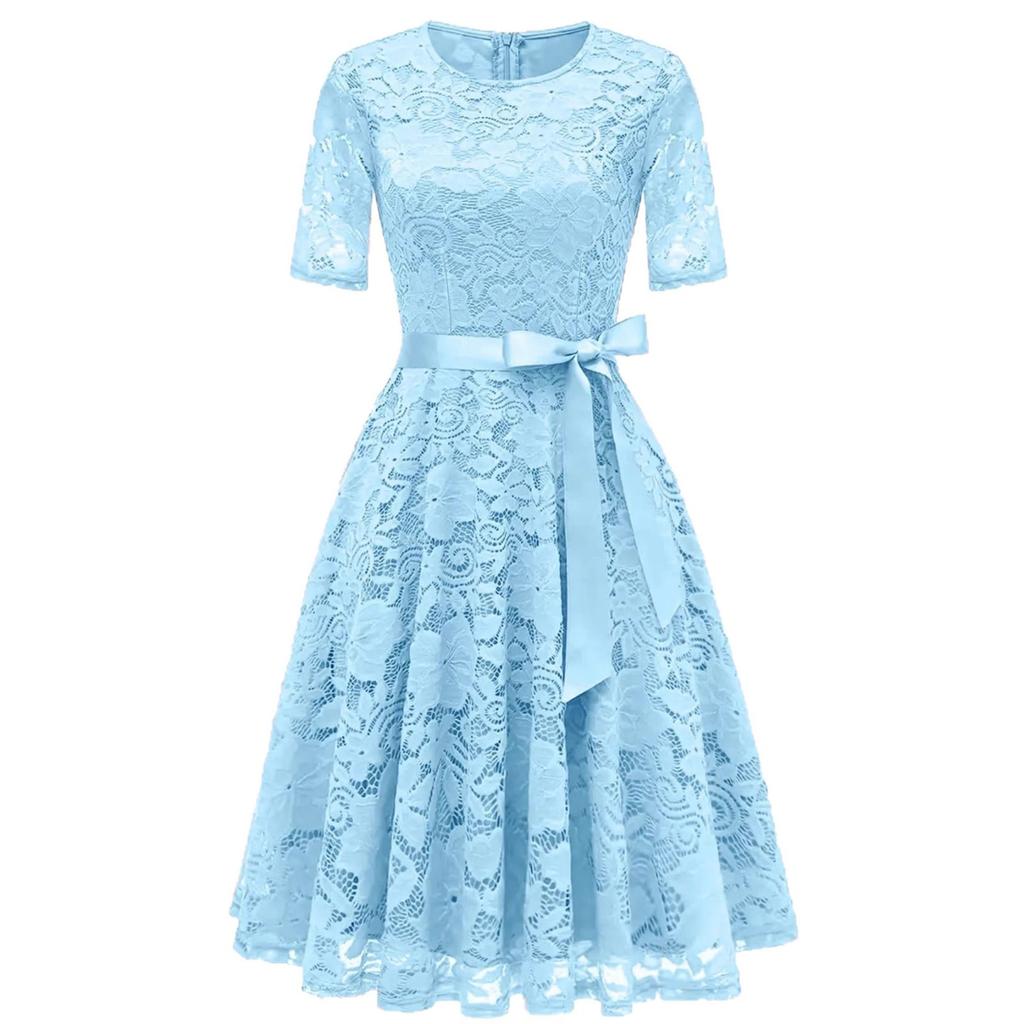 European, American spring and summer new fashion dress lace slim temperament bow dress