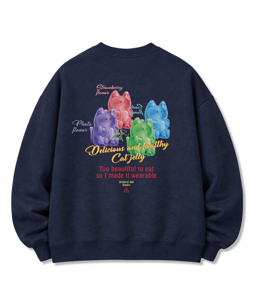 ORIGINALDAY [Fleece Line Option] Jelly Cat Oversized Long Sleeve Sweatshirt Navy