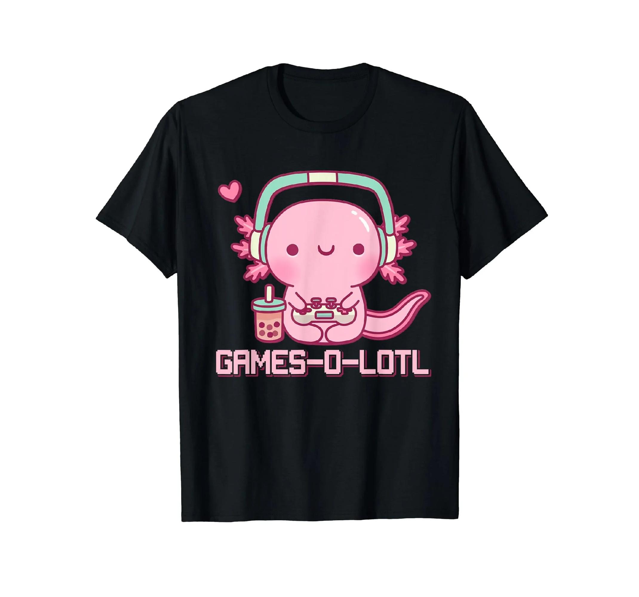 

Games-O-Lotl Axolotl Gamer Kawaii Bubble Tea Graphic Tee Soft Unisex T-Shirt S чёрный