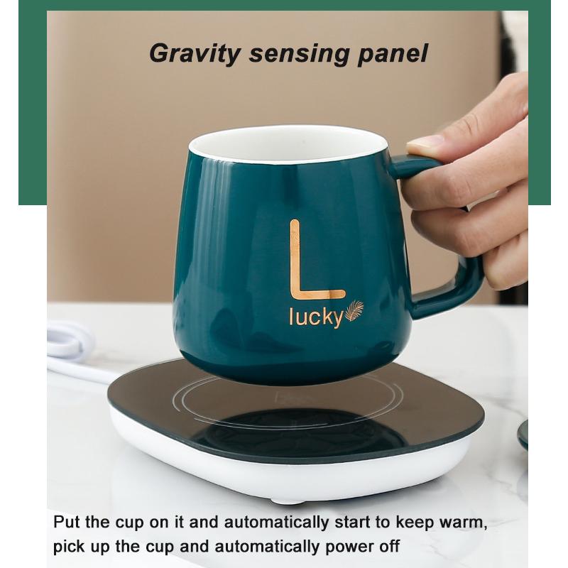 USB Aufladbarer Tassenwärmer Warme Suppentassen Kaffeetasse mit Deckel und Geschenkbox Aufbewahrungstaschen-Set Keramiktasse mit Edelstahllöffel Kaffeetassen