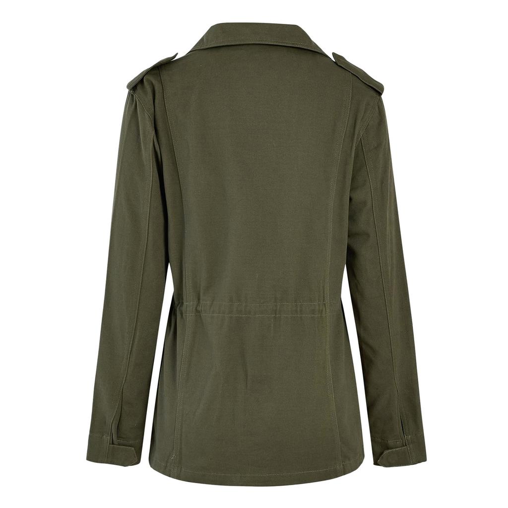 Autumn Women Waist Tunic Coats Retro Multi-Pocketed Jacket Turn-Down Collar Button Solid Color Outwear Coats