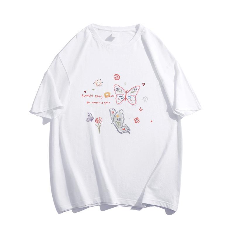 Flower gray American ins trendy brand butterfly short-sleeved T-shirt women's summer new pure cotton design sense niche fat MM top