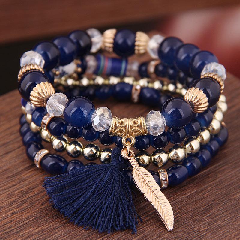 DIEZI Korean Ethnic Bohemian Crystal Beads Leaves Charm Bracelets For Women Girls Elastic Rope Wrap Bracelet Pulseira Feminina