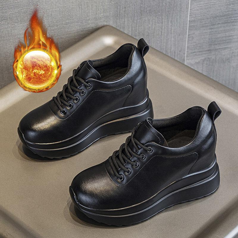 Fashion 10CM Genuine Leather Sneakers Platform Shoes Wedge Hidden Heel Pumps Warm Fur Fashion Sneakers Women Winter Shoes