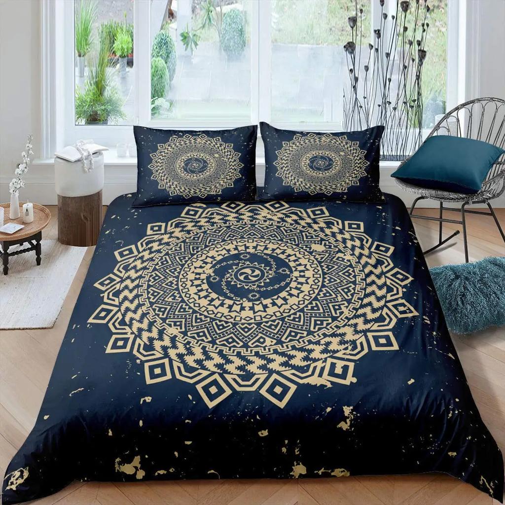 Neon Mandala Duvet Cover Set Full Queen Boho Hippie Bedding Set Ancient Mayan Calendar 3D Print Abstract Comforter Cover 2/3Pcs