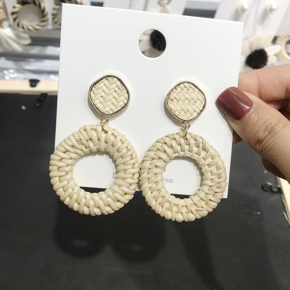 Rattan Diamant Geometrische Stroh Anhänger Ohrringe für Frauen