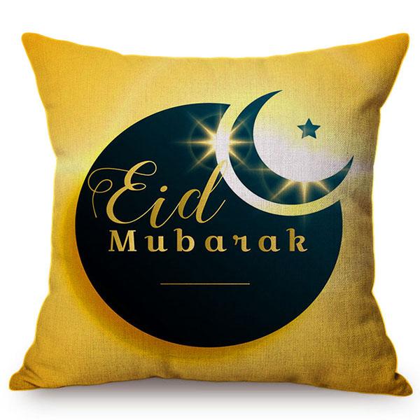 Cotton Linen Sofa Throw Pillow Case, Classic Islam Ramadan Kareem Decoration, Mosque Castle And Moon Pattern, Yellow