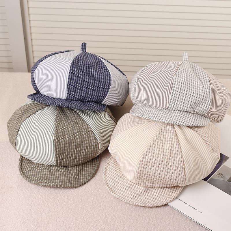 Plaid beret female summer retro painter hat big head circumference showing face small newsboy hat spring and autumn cloud octagonal hat