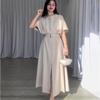 Women's Solid Color Fashionable Round Neck Short Sleeved Dress with Waist Belt and Slim Fit Long Skirt