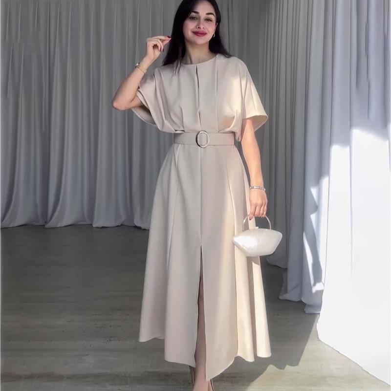 Women's Solid Color Fashionable Round Neck Short Sleeved Dress with Waist Belt and Slim Fit Long Skirt