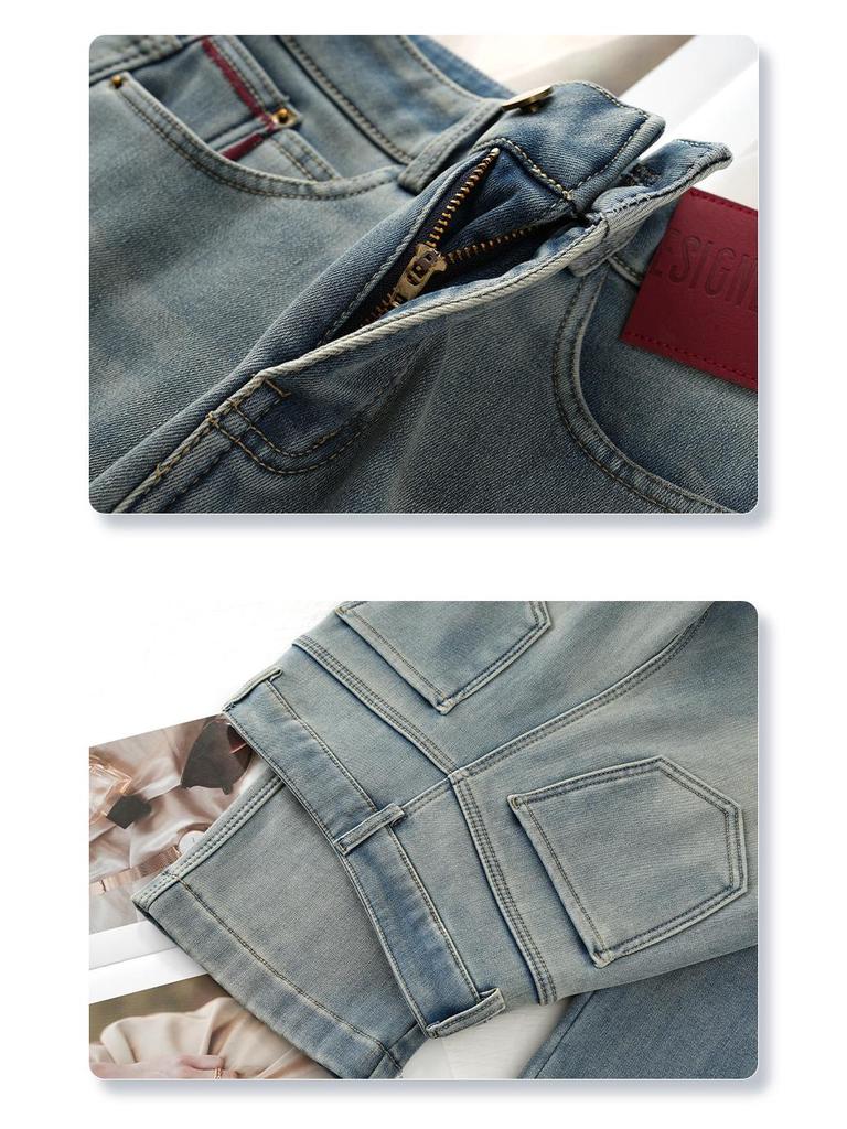 Women's Retro High-Waisted Light Blue Fleece-Lined Jeans for Autumn/Winter 2024 - Narrow, Wide, or Straight-Leg Styles.