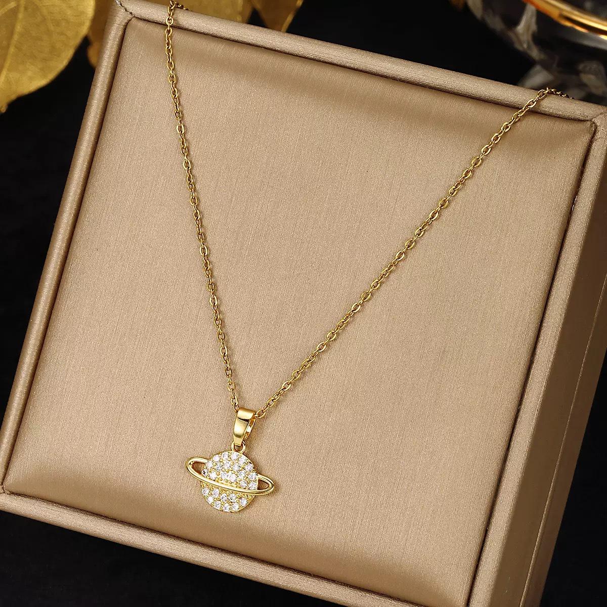 Ожерелье из титановой стали с полным бриллиантовым покрытием, Планета Сатурн: Женская роскошная цепочка на ключицы