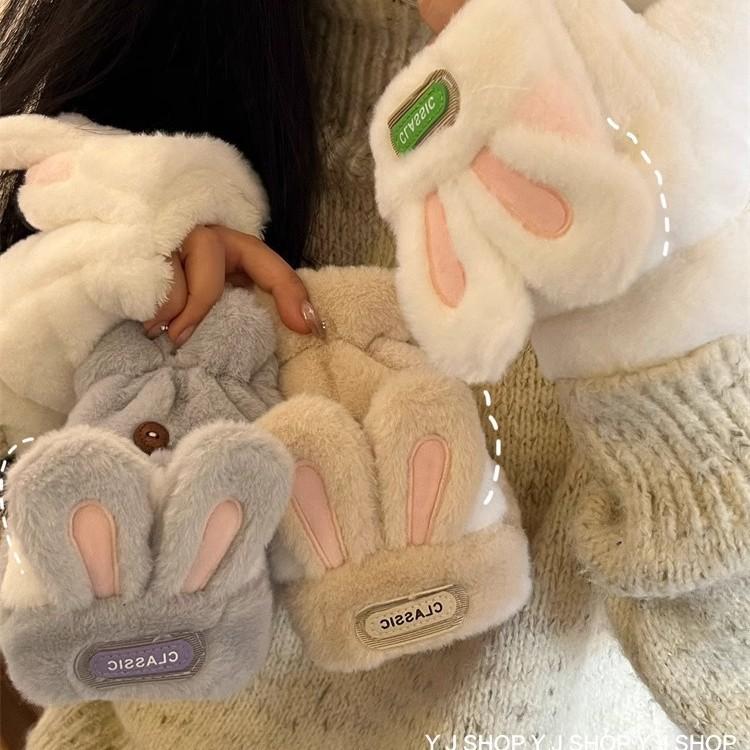 New warm and cold-proof cute rabbit flip open finger gloves female cartoon cute plush sleeves