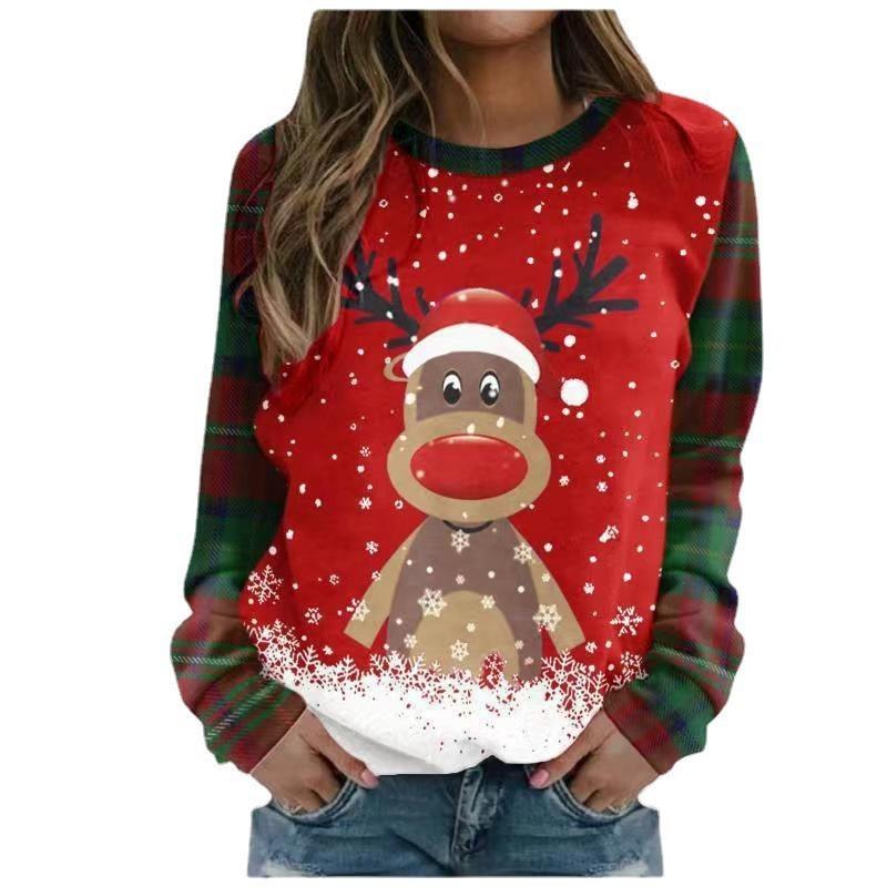Cartoon Christmas Deer Pattern Women Fashion T-Shirts Long Sleeve 3D Printed S