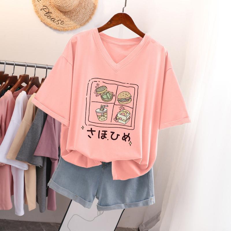 Short-sleeved T-shirt for Women, Large Size, Loose and Slimming, Printed V-neck Top