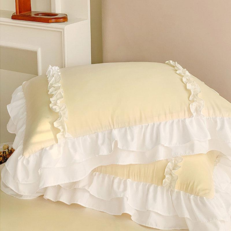 Korean Princess Lolita Bed 4-Piece Set Solid Washed Cotton Breathable Bed Sheet Duvet Cover Bedding Set with Lace