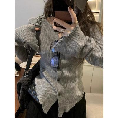 Women's Grey Sweater Loose Casual Single Breasted Knitted Pullovers Female Elegant Soft Sweet Retro Jumper