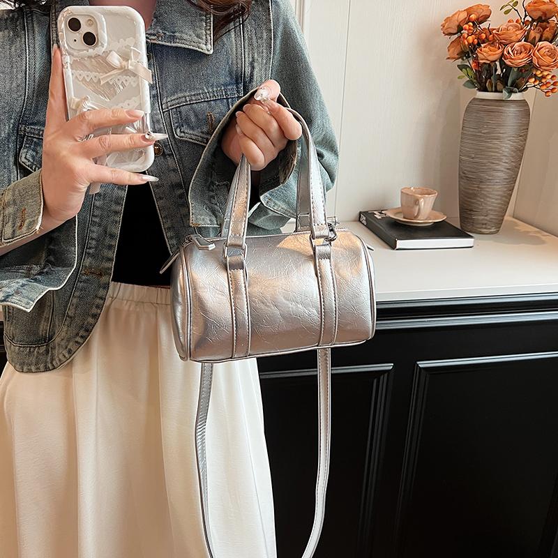 Solid Color Cylinder Pillow Bag Minimalist Large Capacity Women Handheld Shoulder Crossbody Bag Black Silver