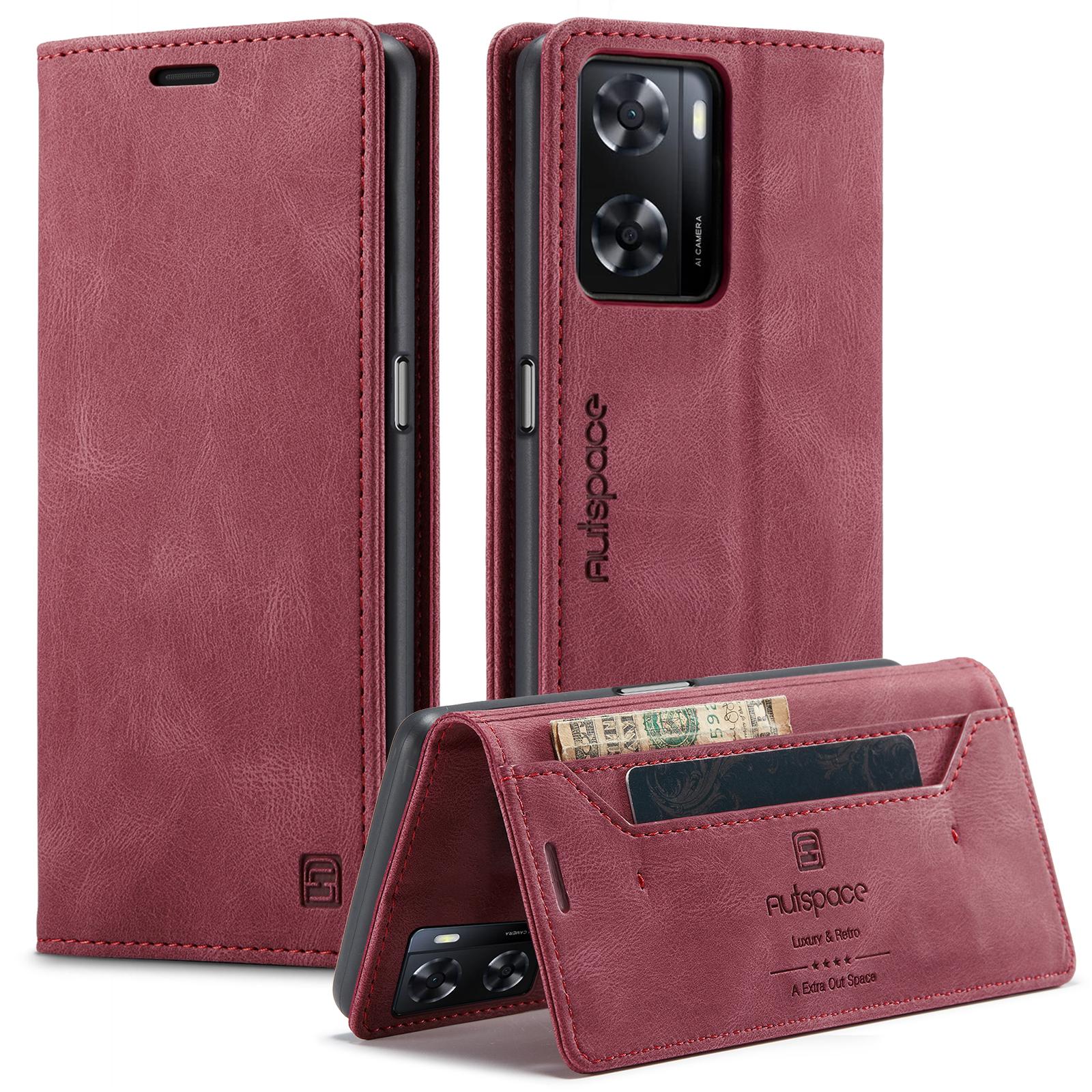 

For Oppo A57s 4G/Oppo A57e 4G/Oppo A77 4G/Oppo A77s 4G/Oppo A57 4G Wallet Case AUTSPACE A01 Leather Stand Cover with RFID Blocking Card Holder Red