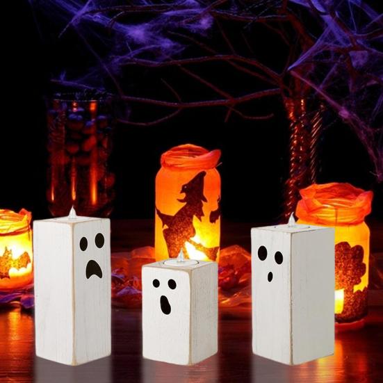 3 Pcs Ghost Candle Light Holders Flameless Candles with Spooky Candle Holders Halloween Tealight Candle Holders for Table Centerpiece Dining