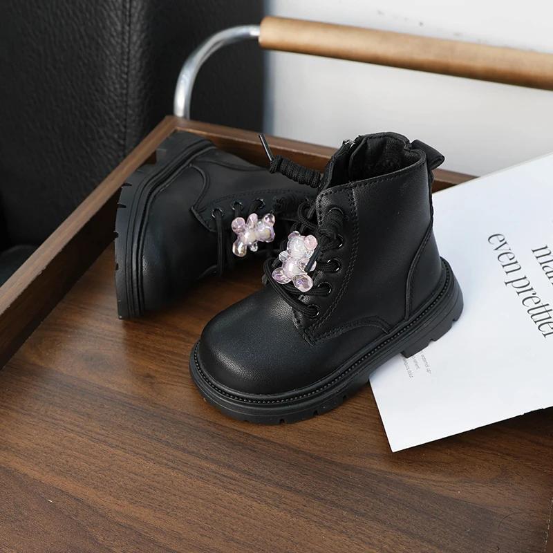 Cute Fashion Girl's Ankle Boot New Black Versatile Children Causal School Leather Boots Cartoon Bear Trend Kids Boots Non-slip
