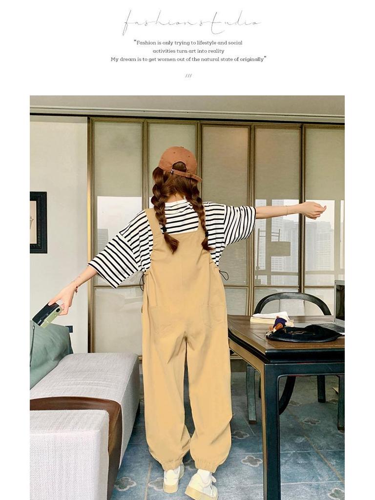 Khaki Women's Age-Defying Overalls and T-Shirt Set - Spring/Summer 2024 Korean Style