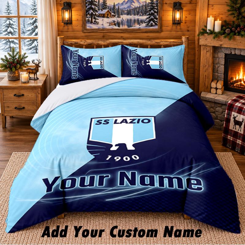 Lazio FC Pattern Bedding 3Pcs Set Custom Name, Bed Sheet And Pillowcases For Home Bedroom
