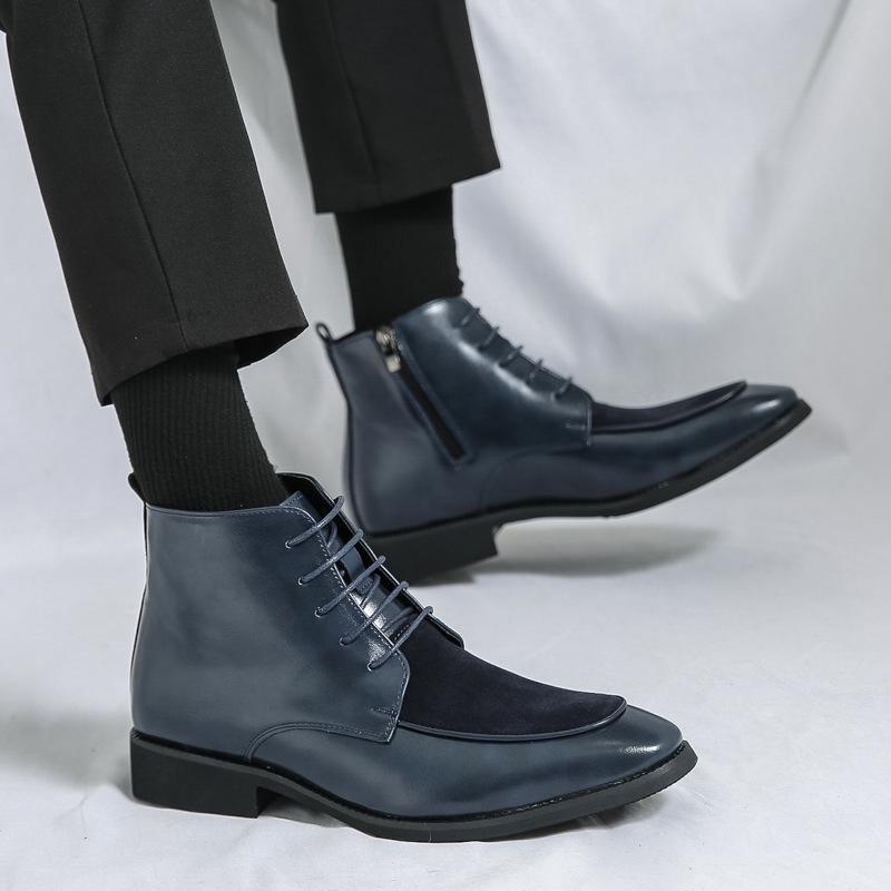 Herren Übergröße High-Top Lederstiefel - Colorblock, Seitenreißverschluss, Britischer Stil, Herbst/Winter Mode