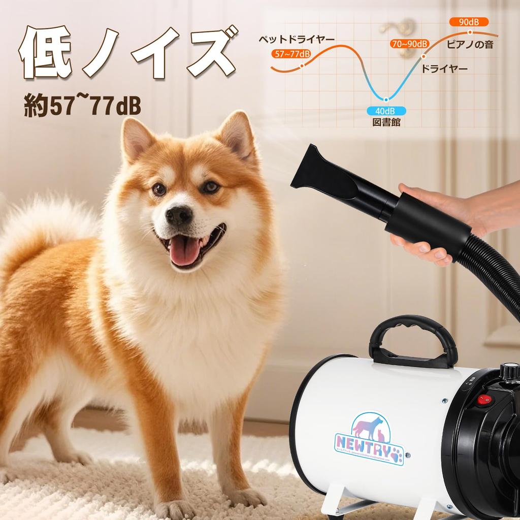NEWTRY Pet Dryer for Dogs Pet Dryer Blower Stepless Speed Control with 3 Nozzles Comes with Brush Wind Speed and Temperature Adjustable Large Air