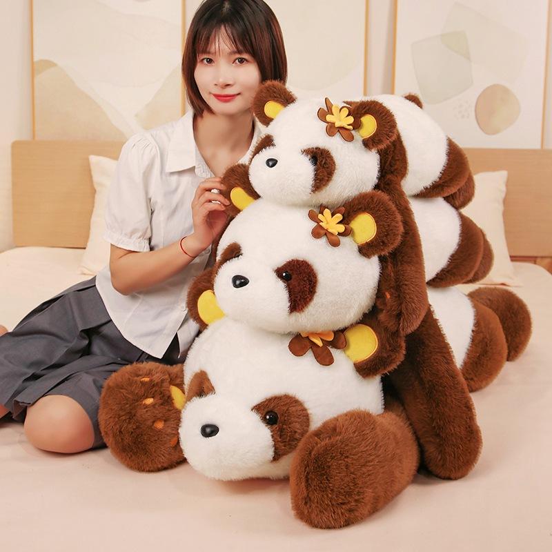 Cute Flower Giant Panda Doll Plush Toy Lying Down Black and White Panda Doll Girl Sleeping Soothing Rag Doll