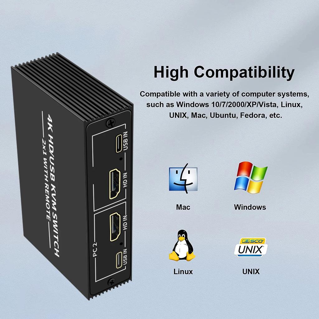 2 Port HDTV KVM Switch 2x1 4K HDMI USB Switch Selector 2 In 1 Out with Desktop Controller Sharing Monitor USB 2.0 Mouse Keyboard
