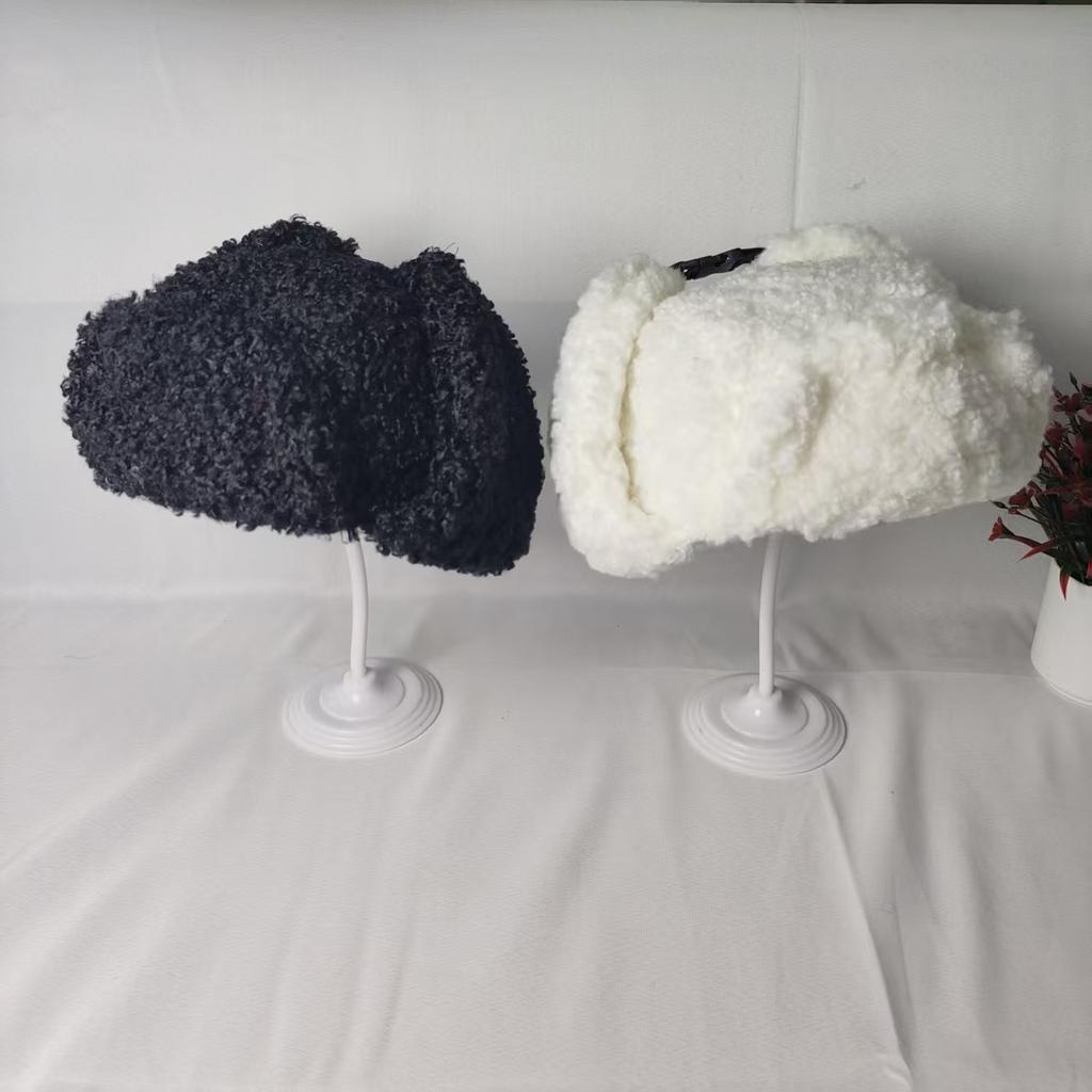 Winter cute solid color teddy fleece ear protection imitation lamb fleece Lei Feng hat women's thickened warm plush ski flying hat
