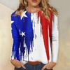 Long Sleeve Crewneck Shirt with Flag and Flower Print Casual Pullover Top for Women Comfortable Fit