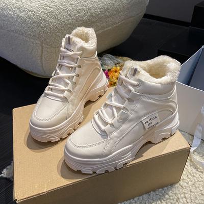 Chaussures d'hiver montantes blanches à semelles épaisses, version coréenne rembourrée des chaussures décontractées Hundred, chaussures en coton chaudes et épaisses
