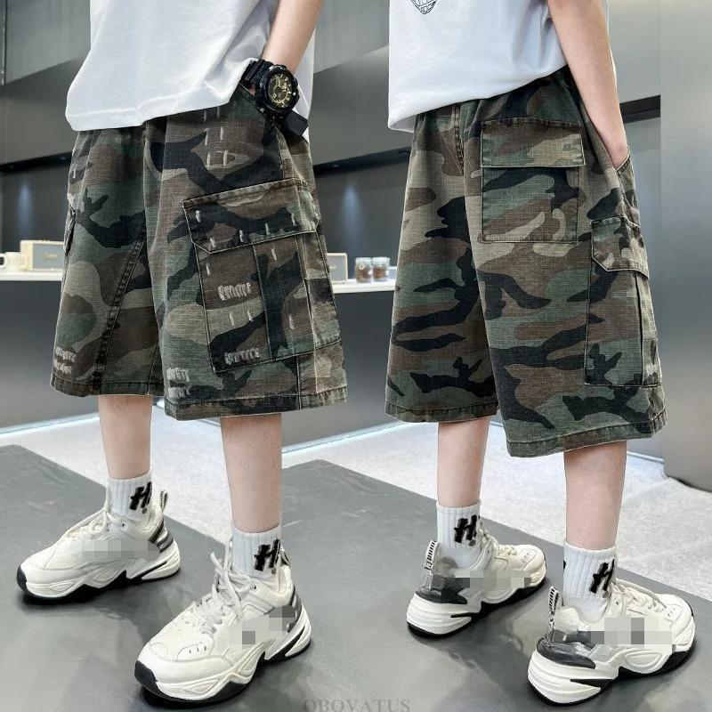 Summer Kids Casual White Camouflage Shorts Big Boys High Waist Streetwear Short Pants Bottoms Tweens Child Camo Cargo Shorts
