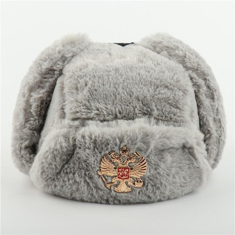 Warm Winter Military Style Earflap Hat Men Women With Embroidered Soviet Emblem Faux Fur Lined Outdoor Cap