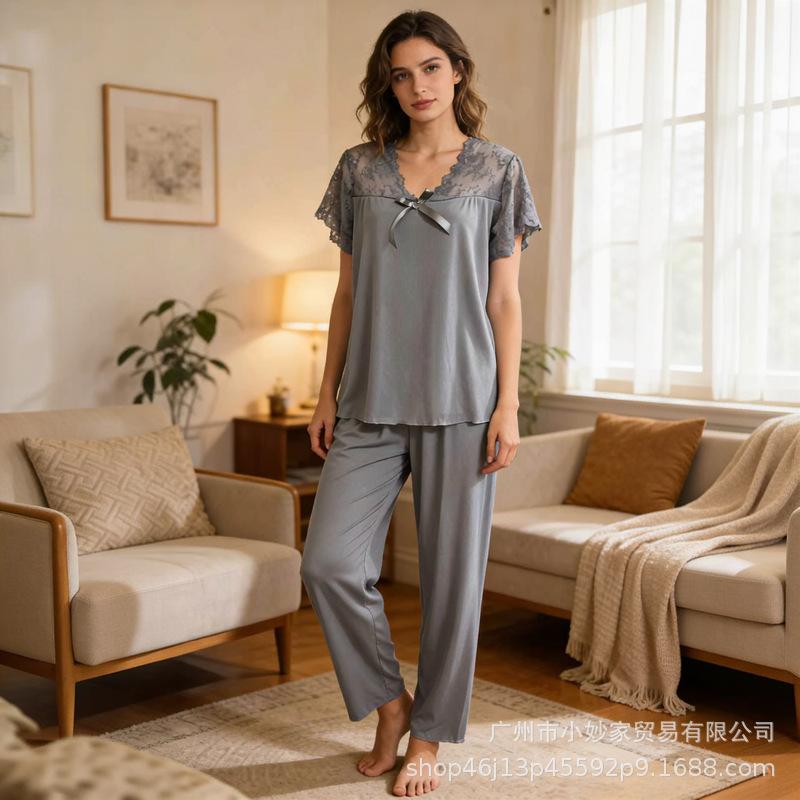 Pajamas Lace Short Sleeve Trousers Set Threaded Red Casual Sweet Loungewear