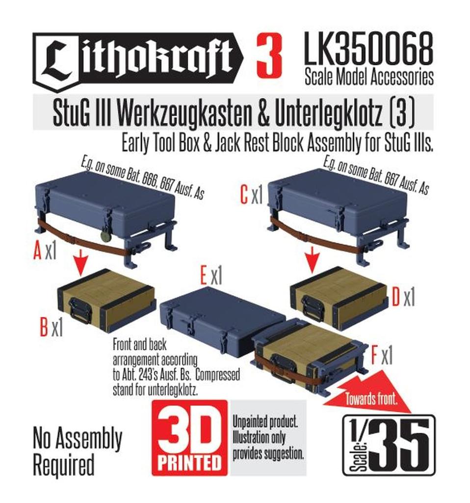 Lithocraft WWII German III Tool Box Jack Stand Set 3 Plastic Model Parts LK350068 1/35 Sturmgeschütz & (Tank)