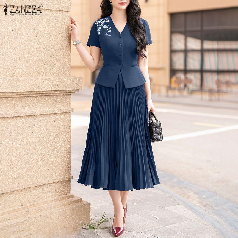 ZANZEA Women Short Sleeve Slim Blouse and Pleated Skirts Summer Two Piece Suit Sets
