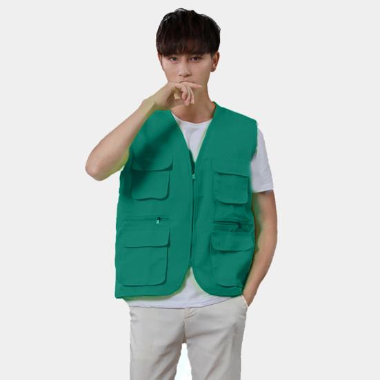 Solid Color Multiple Pockets Vest Coat V-neck Zipper Placket Thin Unisex Outdoor Photographer Volunteer Waistcoat Hiking Clothing