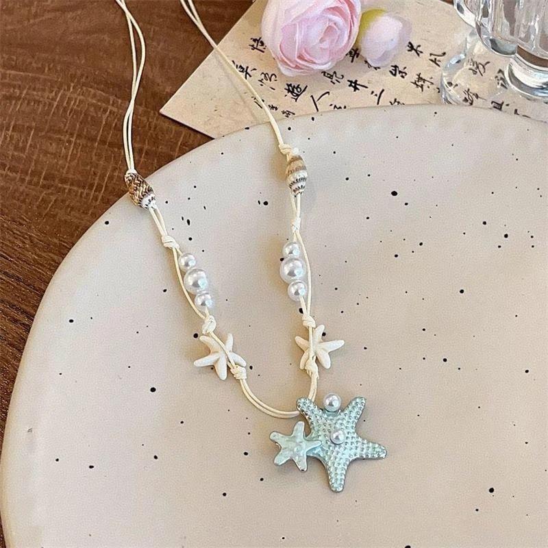 1 Pcs Ocean Style Necklaces With Starfish Shell Faux Pearl Charms For Summer Beach Vacation Daily Wear Handmade Jewelry