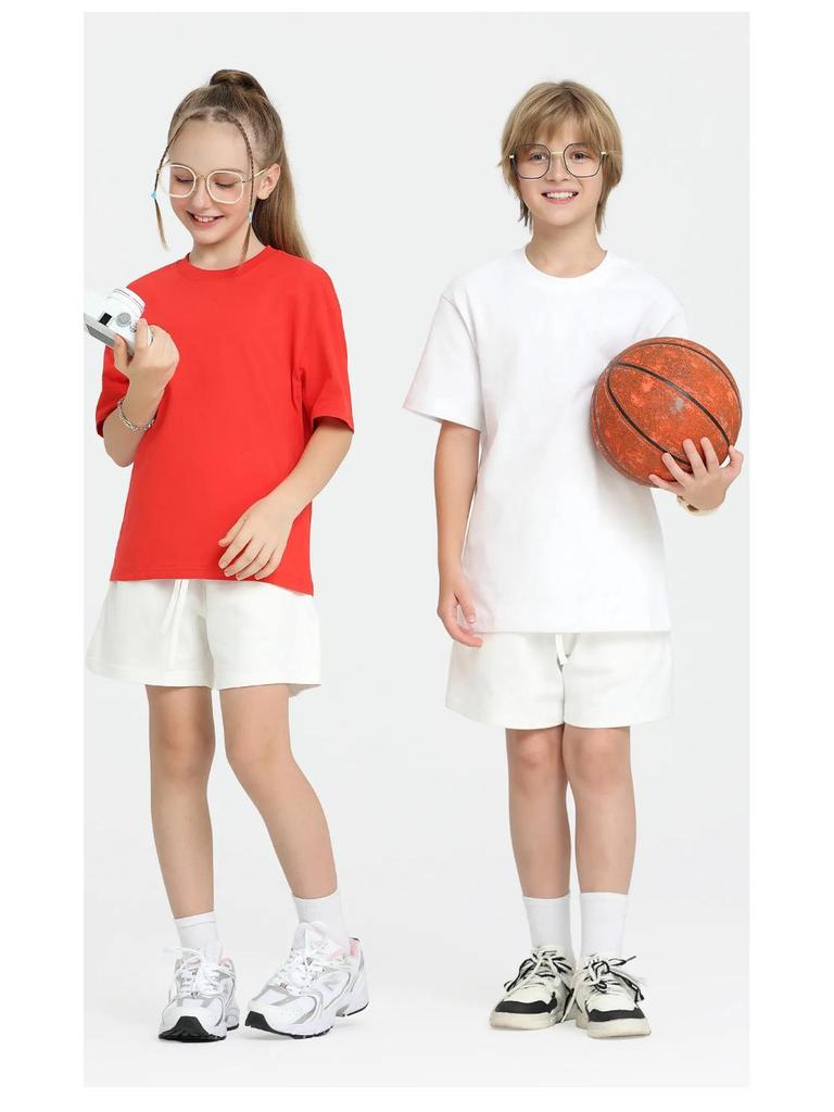 LVLV | Kids & Teens 240g Pure Cotton Loose Fit Retro Short Sleeve Parent-Child T-shirt, Class Uniform Trendy